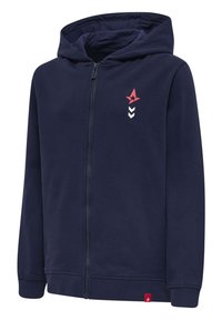 Mörkblå dragkedjetröja i bomullsmaterial, med en röd stjärnlogotyp på bröstet och chevron-accenter, med en mjuk textur och fast huva.