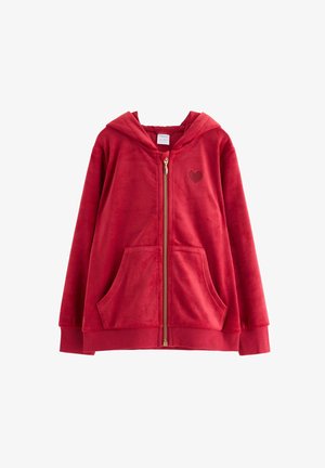 Felpa con cappuccio in pile rosso con zip frontale, due tasche anteriori e un disegno a forma di cuore. Presenta una texture morbida e polsini a coste.