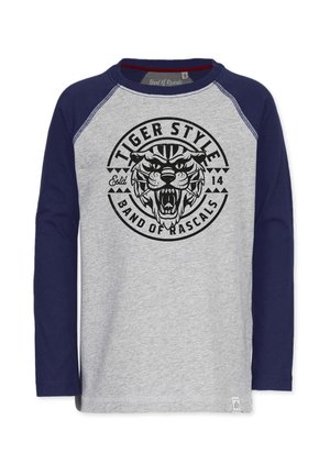 Pitkähihainen t-paita, jossa on harmaa vartalo ja tummansiniset hihat. Edessä on tiikerikuva sekä teksti "TIGER STYLE" mustalla. Materiaali on sileä.