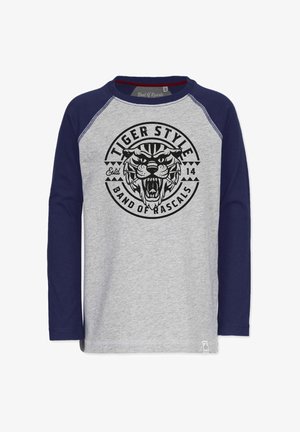 Pitkähihainen t-paita, jossa on harmaa vartalo ja tummansiniset hihat. Edessä on tiikerikuva sekä teksti "TIGER STYLE" mustalla. Materiaali on sileä.