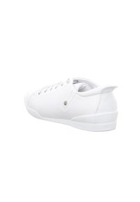 White sneakers with a smooth synthetic upper, round toe, six eyelets, subtle stitching accents, and textured rubber sole.