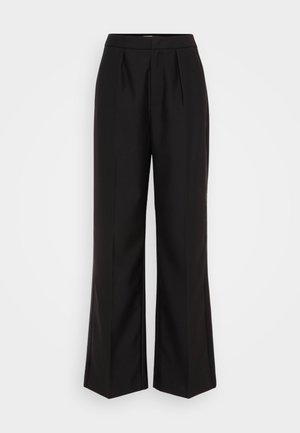 Schwarze weit geschnittene Hose aus glattem Material, mit Vorderfalten, hoher Taille und einem maßgeschneiderten Schnitt für eine entspannte Passform.