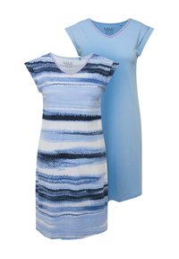 Due due vestiti da notte: uno di un blu chiaro uniforme con scollatura a V, e uno con righe orizzontali blu e bordi rosa sul collo, entrambi con maniche corte.