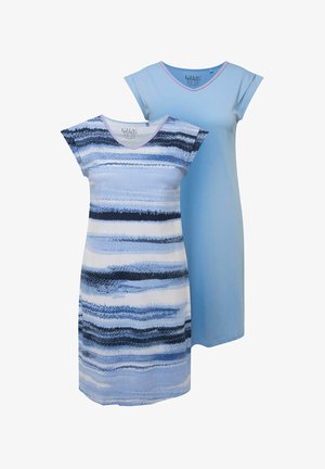 To sovekjoler: en ensfarvet lyseblå med V-udskæring, og en med blå vandrette striber og pink kant ved halsudskæringen, begge med korte ærmer.