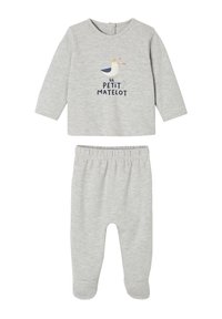 Gray two-piece outfit featuring a long-sleeve top with a bird graphic and text, and matching pants with an elastic waistband.