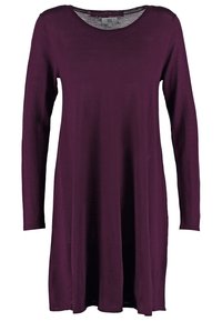 Robe à manches longues de couleur violet foncé, confectionnée dans un tissu doux et léger, avec un col rond et une coupe décontractée, tombant en dessous des hanches.