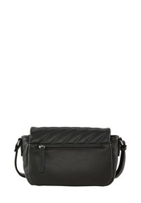 Bolso de hombro sintético negro con textura acolchada en diagonal, bolsillo delantero con cremallera y correa ajustable. Diseño compacto y estructurado.