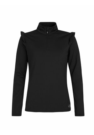 Pull noir à manches longues avec col haut, fermeture éclair quart de zip devant et petits détails de volants sur les coutures des épaules.