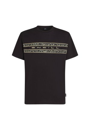 Schwarzes Baumwoll-T-Shirt mit einem horizontalen dekorativen Streifen mit Blumenmuster und Markentext in kontrastierenden Farben auf der Brust.