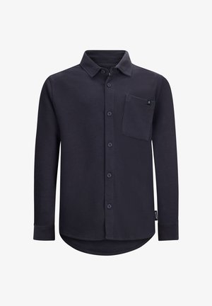 Camicia a maniche lunghe blu navy realizzata in tessuto testurizzato. Presenta un colletto, una tasca frontale e chiusura con bottoni lungo la parte anteriore.