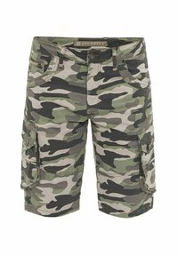Cargo-Shorts in einem grün-grauen Camouflage-Muster, mit mehreren Taschen, einem Knopfverschluss und einer robusten Stofftextur.