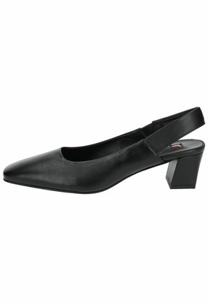 Tacchi slingback neri con punta a stiletto, realizzati in pelle liscia, dotati di un tacco quadrato spesso e un design minimalista.