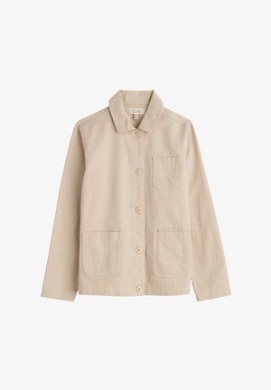 Beež puuvillane jakk pikkade varrukatega, ees nööbitav, krae ja kolm taskut—üks rinnal ning kaks vöökohal.