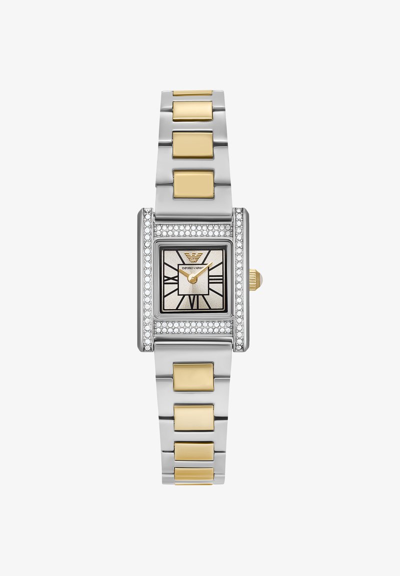 Silver and gold metal wristwatch with rectangular face, Roman numerals, crystal border, and gold accents on bracelet and hands.