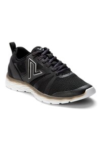 Black athletic shoes with a mesh upper, textured overlays, and contrasting white sole. Features thick laces and a pull tab on the heel.