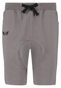 Shorts de sport gris en tissu doux avec un cordon noir. Comprend des poches latérales et une zone circulaire rembourrée pour le confort.