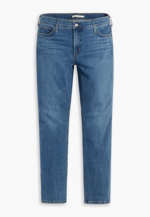 Jeans en denim bleu foncé avec une coupe droite, style cinq poches et une texture légèrement délavée. Comprend une fermeture à bouton et des passants de ceinture.