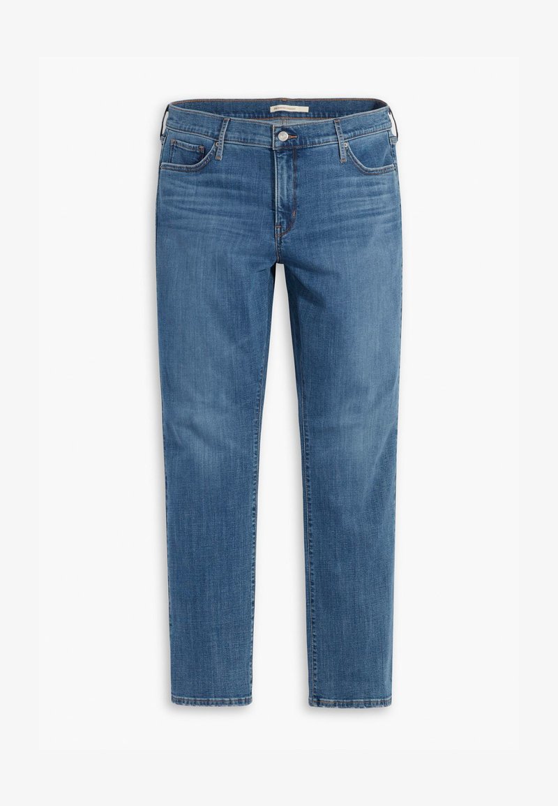 Dunkelblaue Denim-Jeans mit geradem Bein, fünf Taschen-Design und subtiler, leicht verblasster Textur. Enthält einen Knopfverschluss und Gürtelschlaufen.