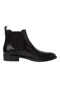 Bottes Chelsea en cuir noir avec des détails de brogue en forme d'aile, panneau latéral élastique, languette de tirage et talon bas empilé, présentées de profil.