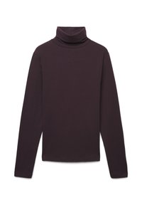 Maglione a maniche lunghe con collo alto di colore viola scuro, realizzato in tessuto morbido, con una silhouette aderente e colletto alto ripiegato. Texture liscia.