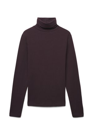 Maglione a maniche lunghe con collo alto di colore viola scuro, realizzato in tessuto morbido, con una silhouette aderente e colletto alto ripiegato. Texture liscia.