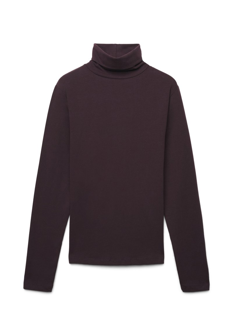 Maglione a maniche lunghe con collo alto di colore viola scuro, realizzato in tessuto morbido, con una silhouette aderente e colletto alto ripiegato. Texture liscia.