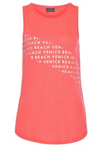 Coral sleeveless tank top made of soft fabric with a round neckline, featuring white text pattern "VENICE BEACH" across the front.