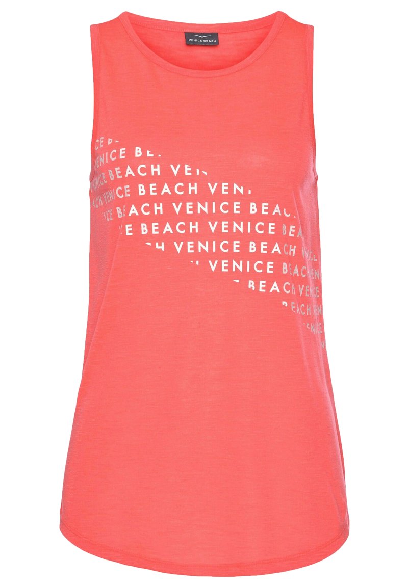 Coral sleeveless tank top made of soft fabric with a round neckline, featuring white text pattern "VENICE BEACH" across the front.