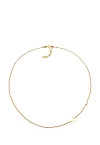 Gold chain necklace featuring a small crescent moon charm and a circular bead, with a delicate design and adjustable clasp.