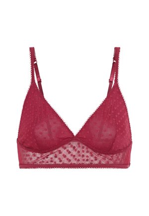 Burgundy sheer triangle bralette with textured polka dots, adjustable straps, and scalloped edges. Soft, lightweight fabric.