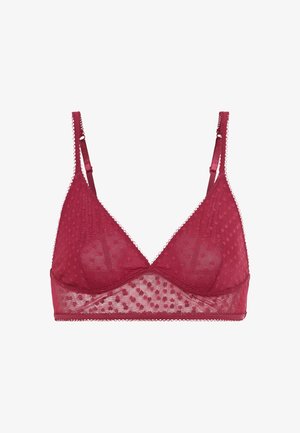 Bralette triangular de color burdeos con transparencias, con lunares texturizados, tirantes ajustables y bordes en forma de ondas. Tejido suave y ligero.