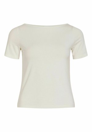 Kremfarget T-skjorte med korte ermer, vid båthals og rett linning, vist på en enkel hvit bakgrunn.