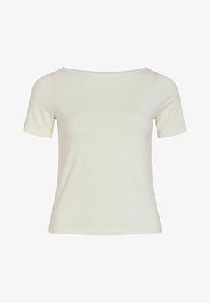 Kremfarget T-skjorte med korte ermer, vid båthals og rett linning, vist på en enkel hvit bakgrunn.
