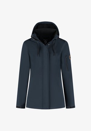 Navyblauwe waterdichte jas met capuchon, rits aan de voorkant en ritszak op de borst. Voorzien van verstelbare trekkoorden en een zachte voering.