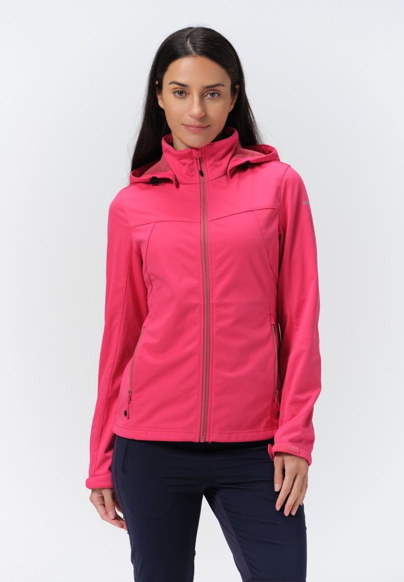 Jasnoróżowa kurtka softshell z kapturem, przednim zamkiem błyskawicznym i zapinanymi na zamek bocznymi kieszeniami. Posiada bezszwowy design i dopasowany krój.