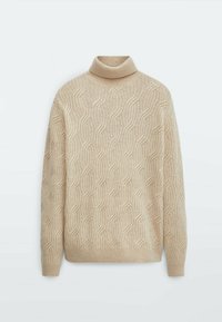 Beiger Strickpullover mit Rollkragen, der ein strukturiertes Wellenmuster sowie gerippte Bündchen und Saum aufweist. Hergestellt aus weichem, warmem Material.