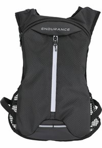 Black mesh hydration backpack with a central zip pocket, adjustable straps, and reflective accents, designed for lightweight comfort and ventilation.