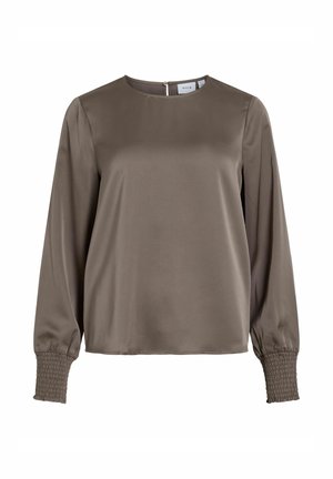 Braune Satin-Bluse mit langen Ärmeln und hohem Ausschnitt, mit gerafften Säumen und einem Schlüssel-Öffnung hinten. Glatte Textur und lockere Passform.