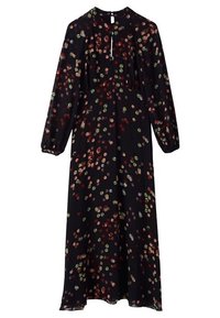 Robe longue noire à pois multicolores éparpillés, manches longues avec poignets élastiques, col montant et fermeture à bouton avec trou de serrure dans le dos.