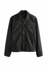 Sort jakke lavet af et glat, holdbart materiale. Har en krave, knaplukning foran, to brystlommer og lange ærmer.