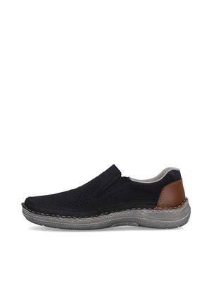 Black leather slip-on shoe with perforated design, gray rubber sole, and brown leather accent at the heel. Features stitched detailing.