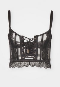 Melnas mežģīņu bralette ar caurspīdīgu tīkla dizainu, ar priekšpusi ar mežģīnēm un regulējamām siksniņām, kā arī viļņotu mežģīņu apakšmalu.