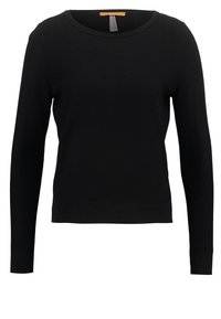 Czarny długi sweter z dzianiny, z okrągłym dekoltem oraz prążkowanymi mankietami i dołem, z subtelnym wzorem teksturowym.