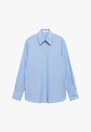 Cămașă albastru deschis cu mâneci lungi, cu dungi verticale albe și portocalii. Are un guler clasic și închidere standard cu nasturi.