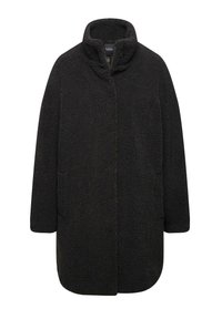 Cappotto nero in pelliccia sintetica con colletto alto, chiusura a bottoni frontale e tasche laterali. Presenta una superficie texturizzata e morbida e una vestibilità ampia.
