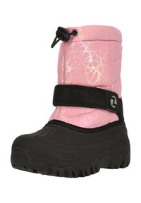 Rosa isolierte Stiefel mit glattem geometrischem Muster, schwarzem Gummisohle, Klettverschlussriemen und elastischem Zugschneider für eine verstellbare Passform.