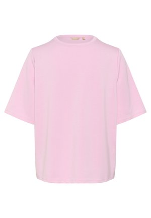 T-shirt rosa a maniche corte realizzato in tessuto morbido con collo rotondo, caratterizzato da una vestibilità comoda e una superficie liscia. Nessun motivo o dettaglio visibile.
