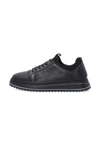 Schwarze Leder-Sneaker mit runder Zehenform, Schnürdesign, gepolstertem Kragen und rutschfester Gummisohle für Grip und Komfort.