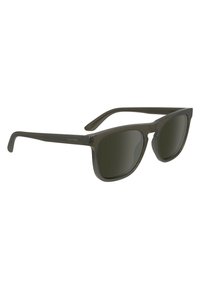 Occhiali da sole Calvin Klein con lenti verde scuro, montatura rettangolare e spesse aste in plastica traslucida. Presenta un marchio discreto sul lato.
