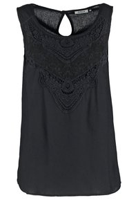 Blouse noire sans manches avec des détails en dentelle sur le buste avant et une fermeture par bouton à œillet au niveau de l'encolure arrière, taille 36.